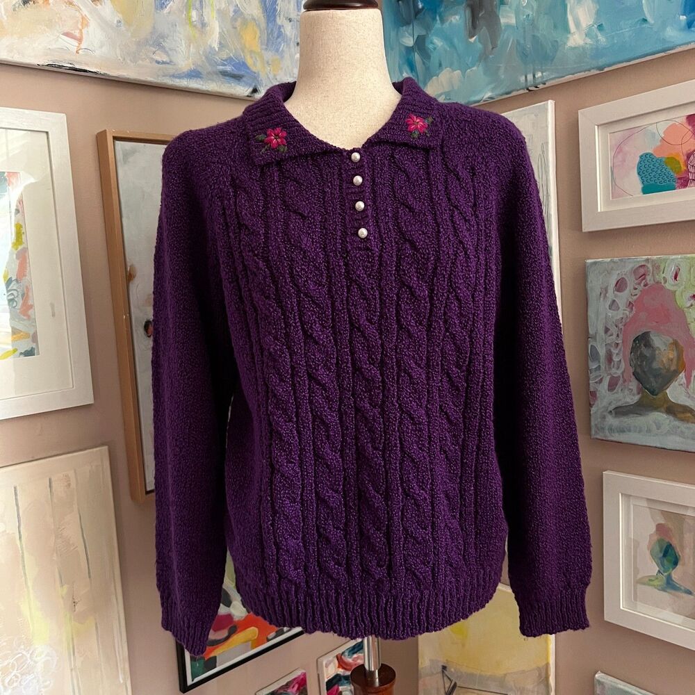 Vintage Cottagecore Purple Cable Knit Sweater Floral Embroidery Grandma Size XL